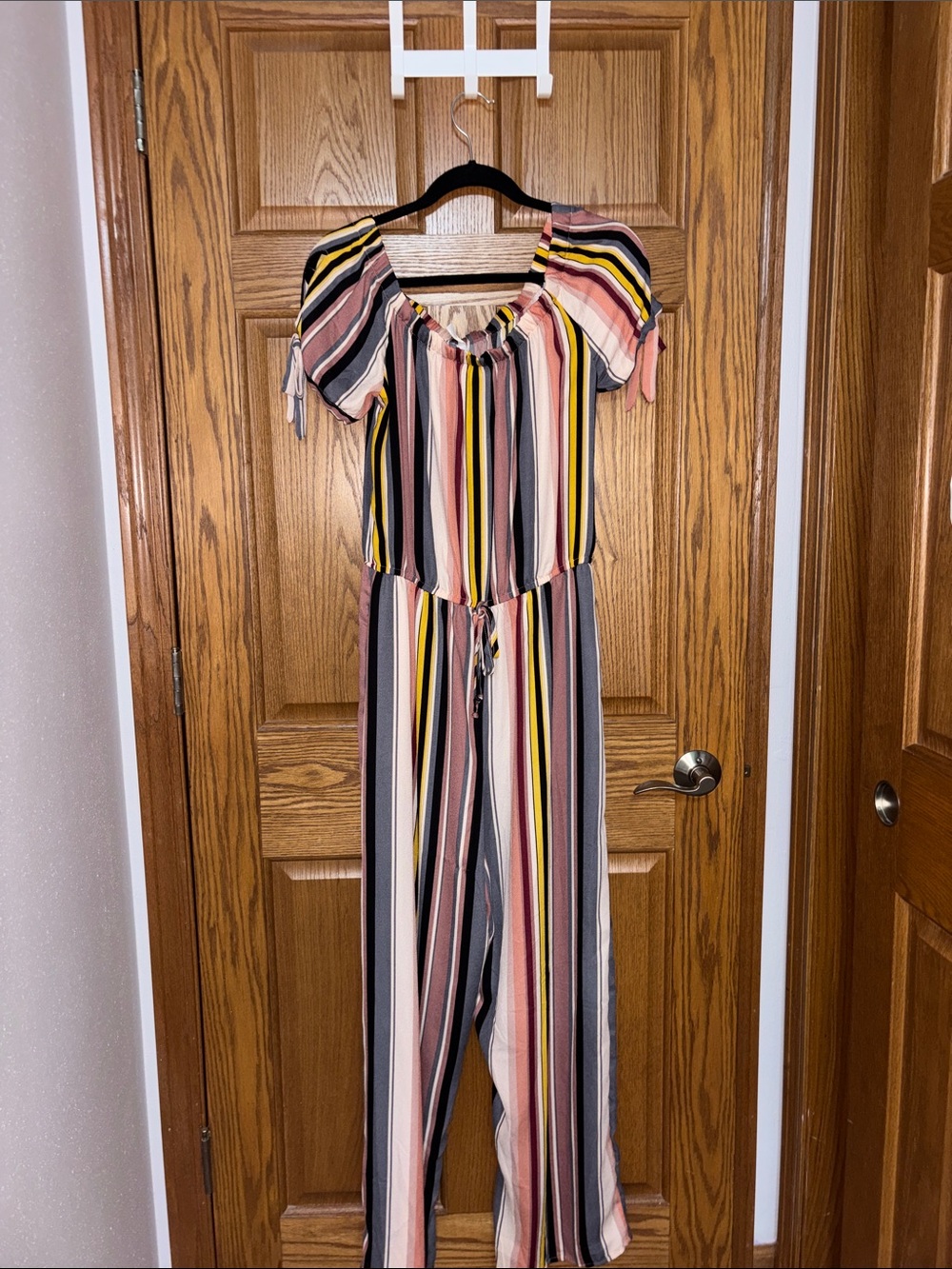 Xhilaration Multi-Stripe Off-Shoulder Jumpsuit in Pink, Yellow, Black & Cream